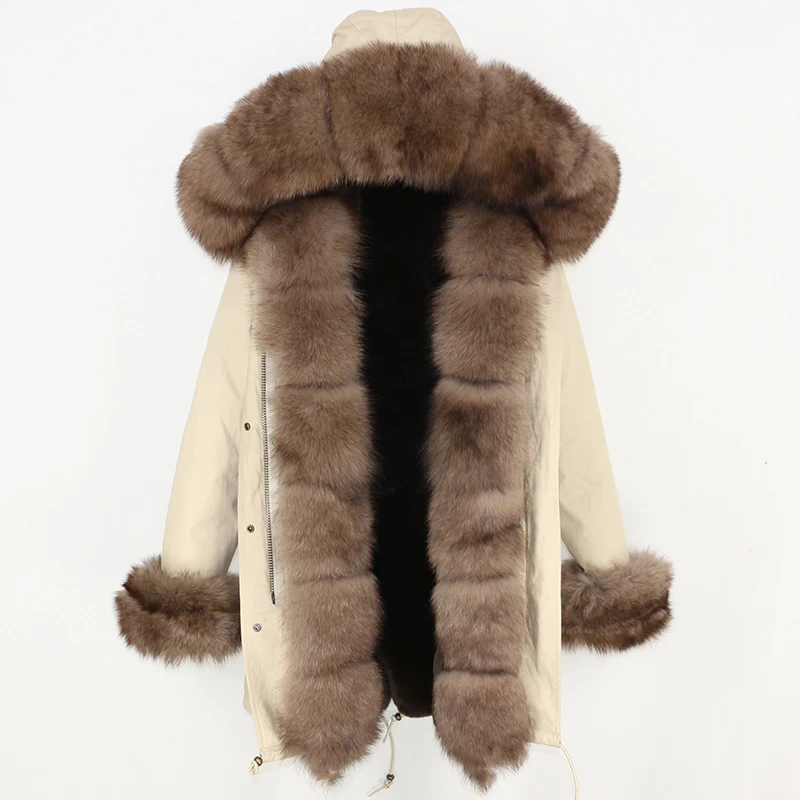 beige brown OFTBUY, зимняя куртка, Женское пальто с натуральным мехом, брендовая Роскошная длинная парка, большой натуральный Лисий мех, уличная одежда, толстая теплая, 3 в 1 размера плюс - Цвет: beige brown