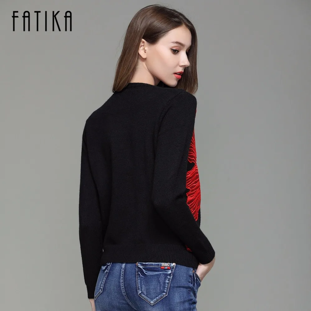 Fatika Мода 2017 г. осень-зима Для женщин Красная Рыба Вышивка пуловер Свитеры для