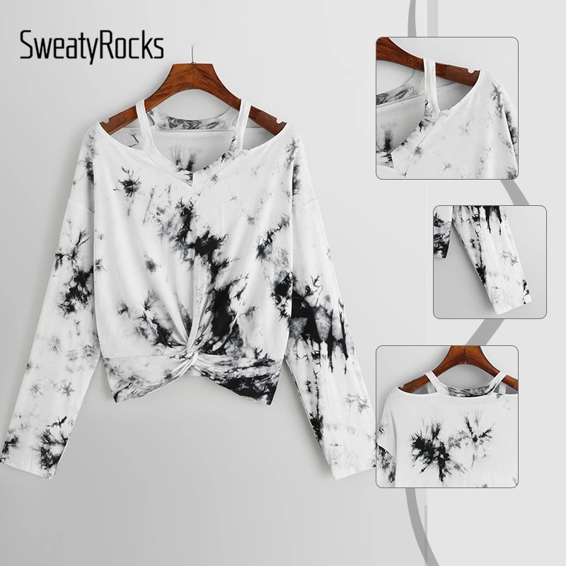 SweatyRocks Футболка с принтом Tie Dye Twist спереди, уличная одежда, контрастный воротник, v-образный вырез, укороченный пуловер, топы, весна, повседневные Модные женские футболки