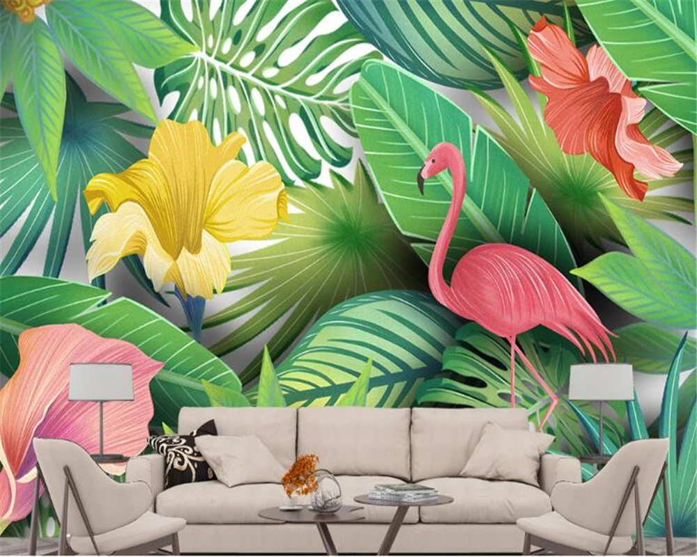 Обои beibehang papel muralModern ручная роспись акварель Тропическое растение Фламинго фон
