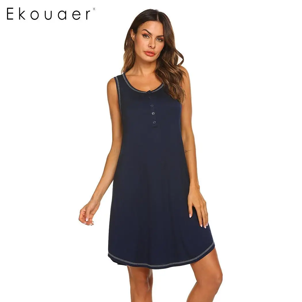 Navy Blue Ekouaer, Женское ночное платье, домашняя одежда, летняя ночная рубашка, однотонная, без рукавов, круглый вырез, кнопка, ночная рубашка для беременных, одежда для сна - Цвет: Navy Blue