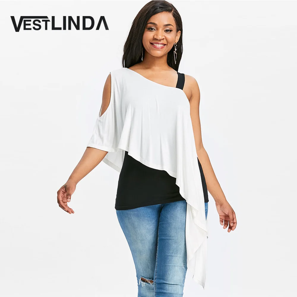 VESTLINDA/Асимметричная футболка с цветным блочным воротником черного и белого цвета