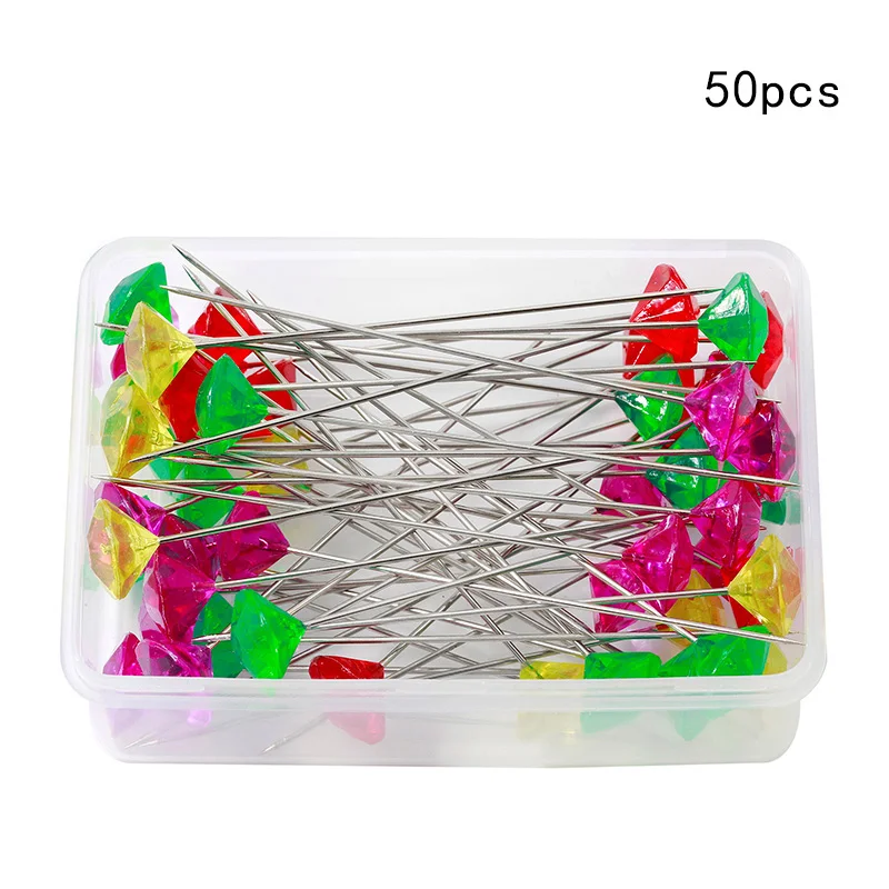 50Pcs LMDZ 100/50 шт. сверкающий бриллиант шпильки Хрустальный конец головы Свадебный корсаж-бутоньерка цветочный букет шпильки швейные булавки с прозрачной коробкой - Цвет: 50Pcs