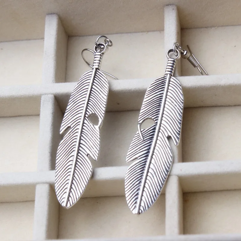 Высококачественные очаровательные серьги в форме пера античное серебряное