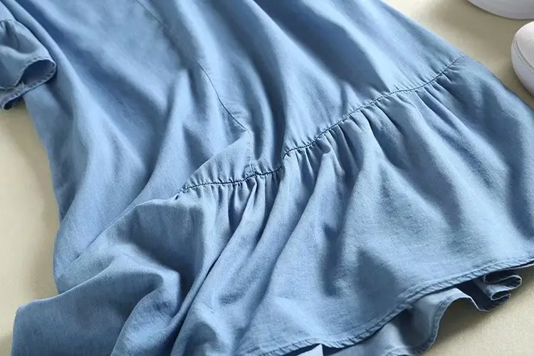 Women Vintage Blue Denim Dress Lady V Neck Flare Sleeve Summer Casual Floral Embroidery Dress Plus Size vestido