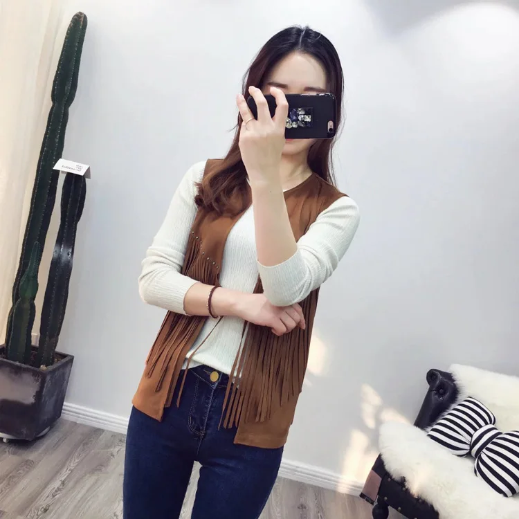Жилет женский замшевый без рукавов с бахромой и кисточками|women waistcoat|tassel fringe