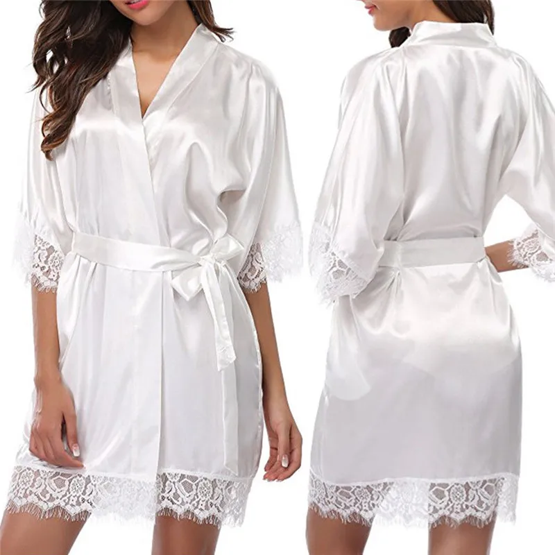 Халат-кимоно женский короткий атласный, пикантный кружевной Шелковый банный, Свадебный халат, пеньюар, пижама для невесты, лето