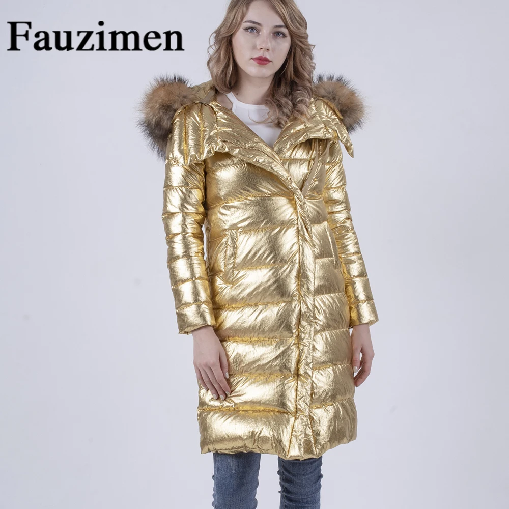 Пуховая куртка женщин большой енот воротник длинное пальто Горячая Бесплатная