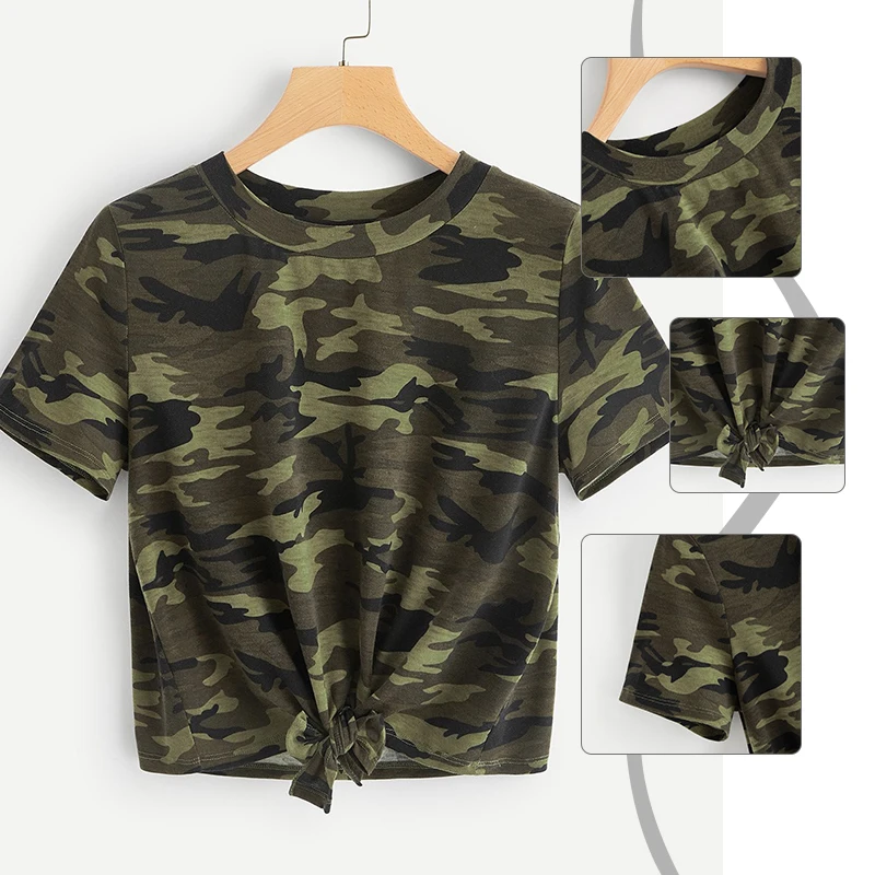 SweatyRocks армейский зеленый узел спереди камуфляжная Футболка стильная футболка летняя повседневная с коротким рукавом Уличная одежда женские футболки и топы