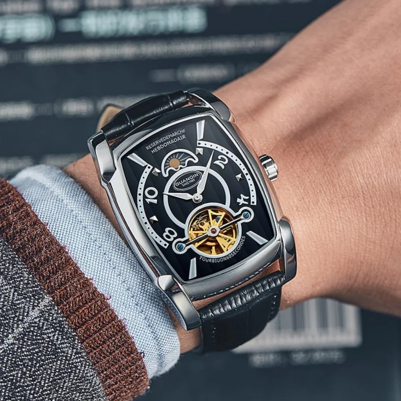 Часы скелетоны GUANQIN модные автоматические часы Tourbillon Мужские светящиеся кожаные