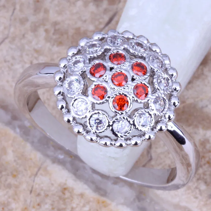 Необычный белый CZ красный гранатовый серебряное покрытие женское кольцо Размер