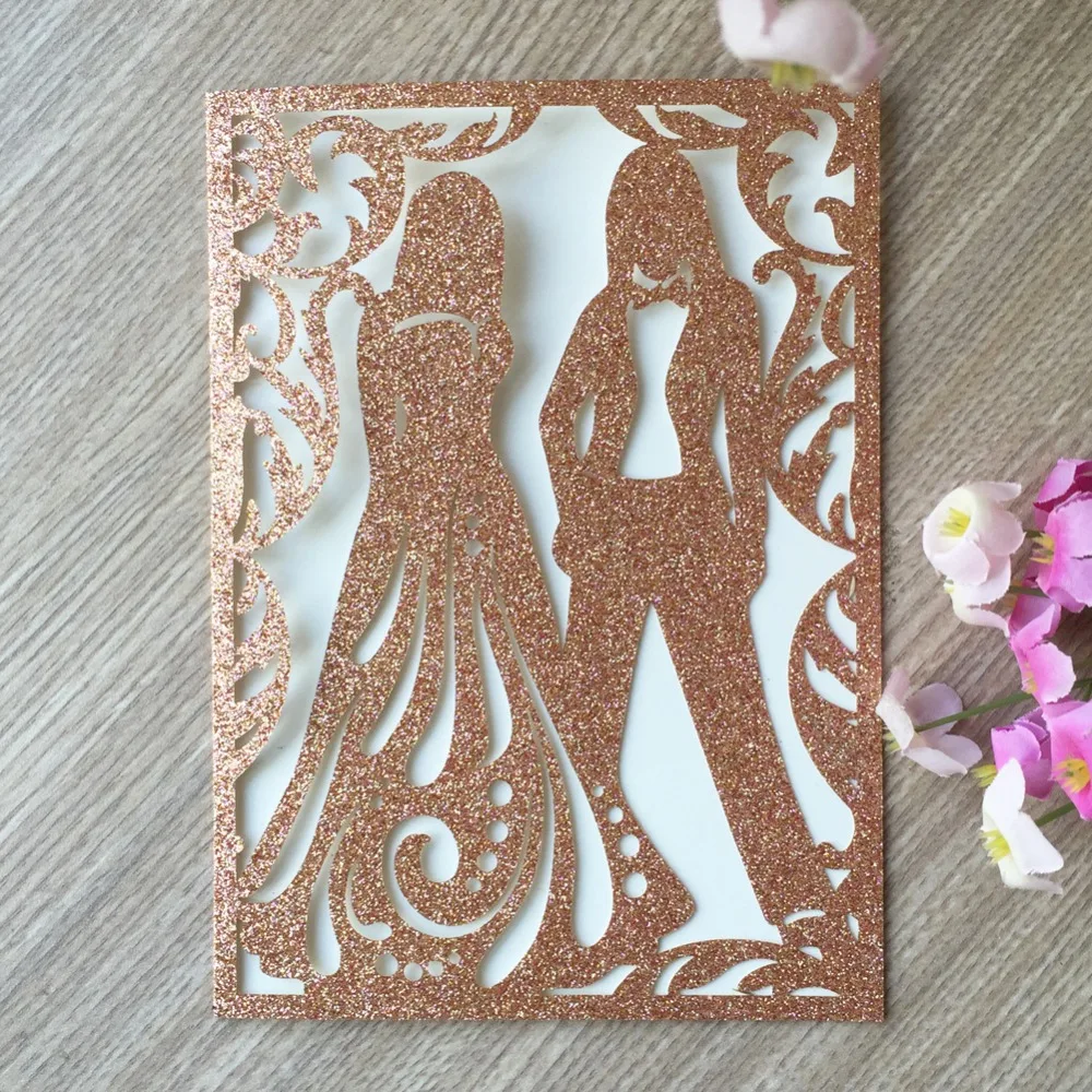 

50pcs Laser Cut Glitter paper craft Rose Gold color Luxury Romantic Bridal Shower Party Wedding decoration Invitation Card
