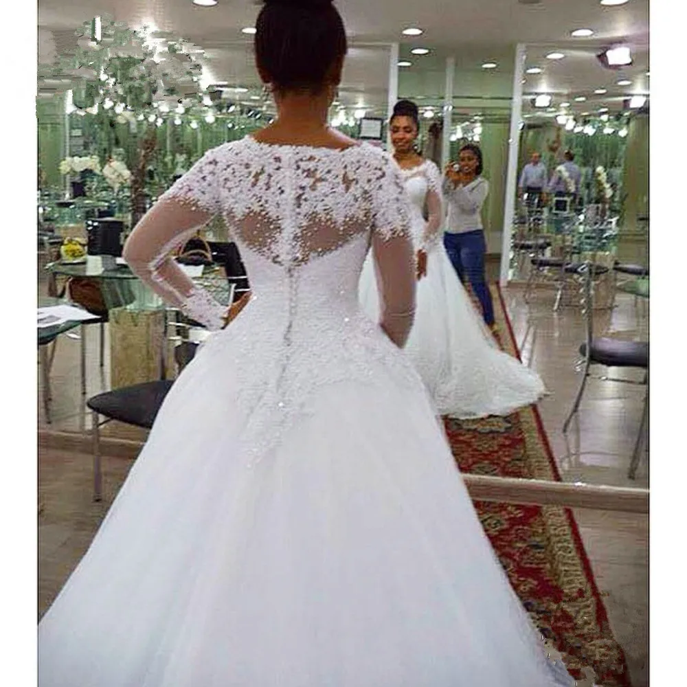 

Vestidos de casamento 2022 Long Sleeve Wedding Dress Lace Appliqued Pearls Pure White luxury Plus Size Vintage wedding gowns