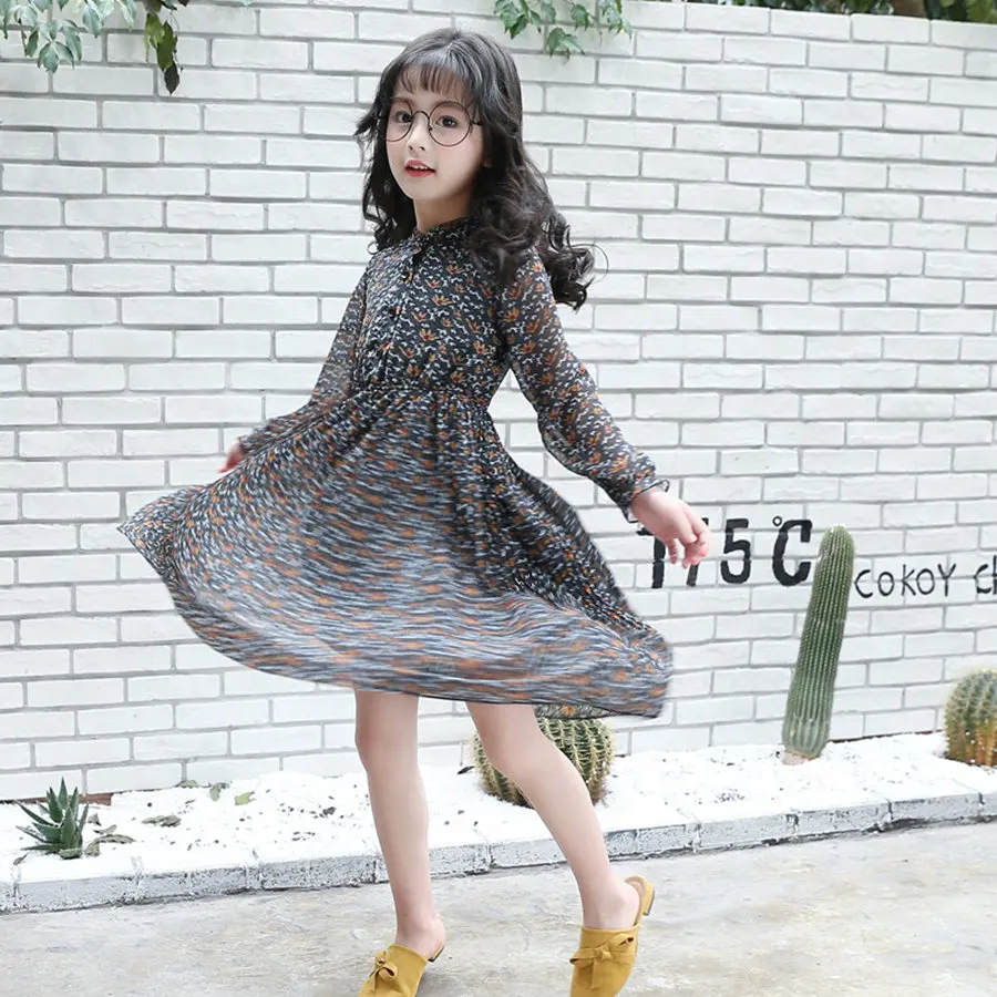 Summer Chiffon Long Sleeve Dress For Girls 8 9 10 11 12 13 14 Age Cute Holiday Dresses Teenage Print Flower Beach Children | Детская