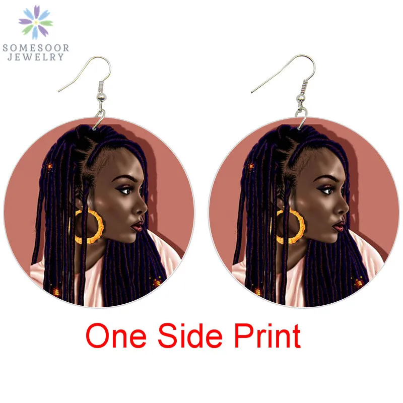 SOMESOOR окрашенные черные хип-хоп девушка Locs Hoops деревянные висячие серьги африканские натуральные волосы африканские деревянные украшения для женщин Подарки 1 пара - Окраска металла: One Side Print