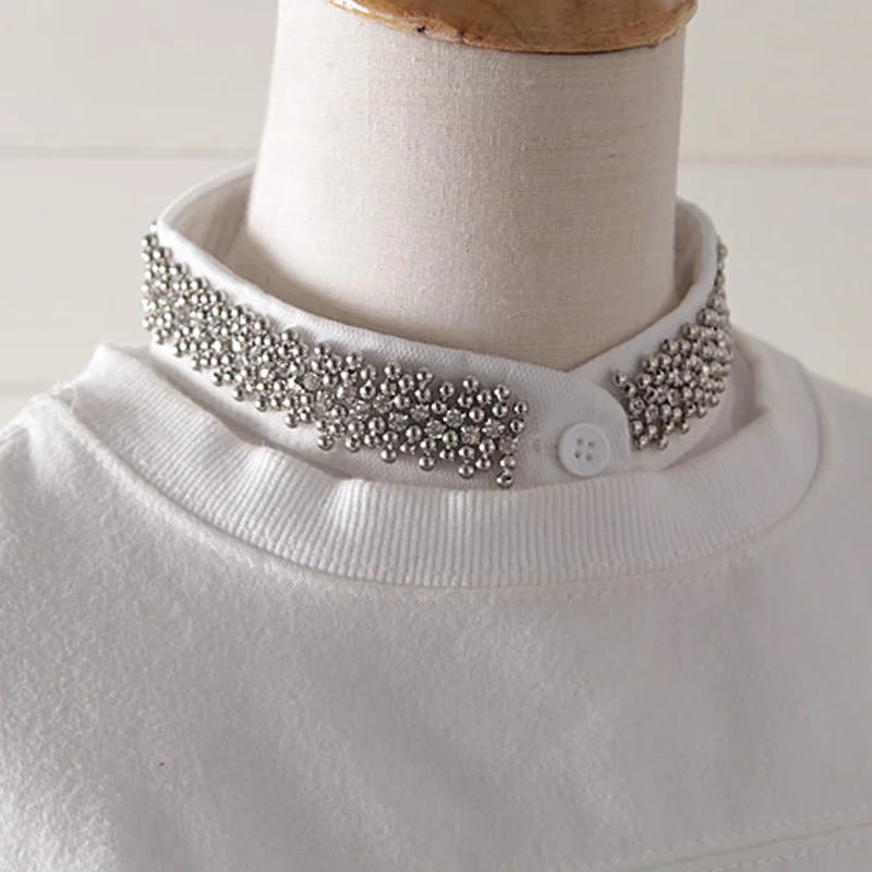 Женская винтажная блузка со съемным воротником черно белая кристаллом в