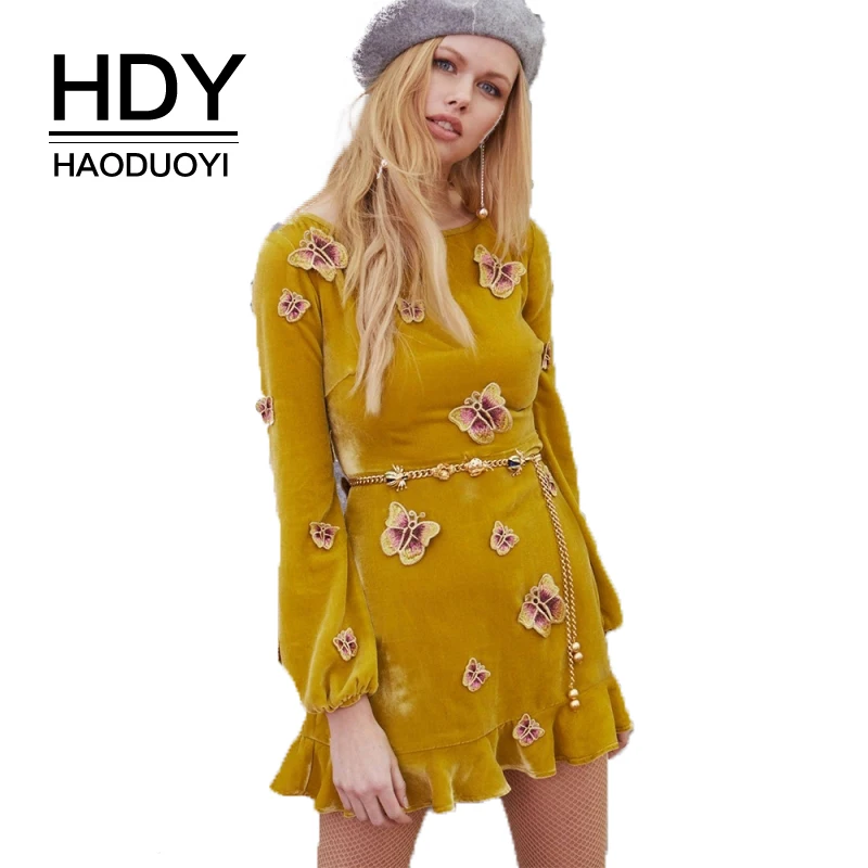 HDY Haoduoyi Брендовое 2020 бархатное женское элегантное мини платье украшенное