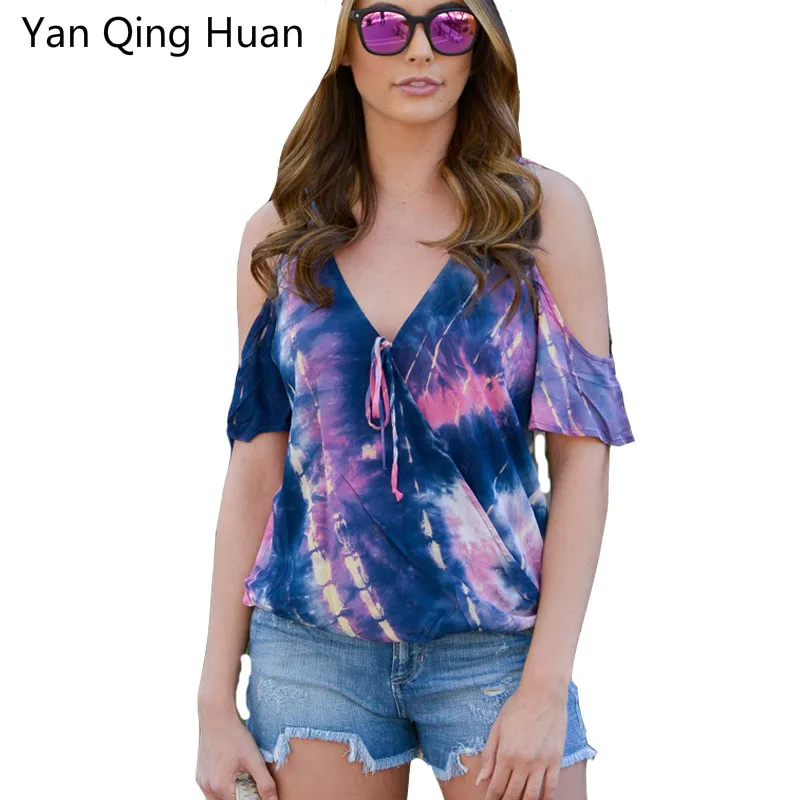 

Yan Qing Huan Summer New Cotton V-neck Strapless Tops Printing And Dyeing Loose Women's Short-sleeved Trumpet Sleeve T-shirt