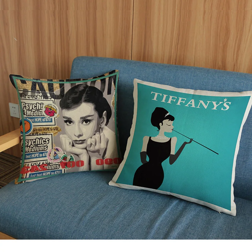 Classic Audrey Hepburn Breakfast At Tiffany's Print Cushion Cover Vintage Cotton Linen Green Poster Home Decorative Pillow Cases