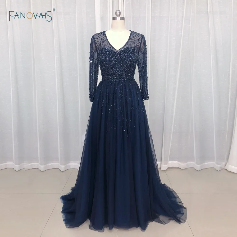 

Женское вечернее платье из фатина, темно-синее ТРАПЕЦИЕВИДНОЕ ПЛАТЬЕ С Длинными Рукавами, расшитое бисером, для выпускного вечера, NE13
