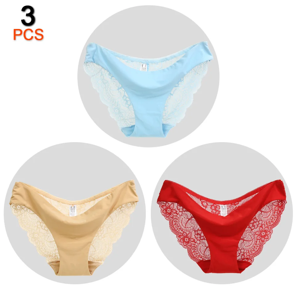 Khaki Red SkyBlue 3 шт./лот, сексуальные кружевные трусики, женское нижнее белье, трусы, бесшовные трусики танспарента размера плюс, нижнее белье, низкая посадка, хлопковые трусы для женщин - Цвет: Khaki Red SkyBlue