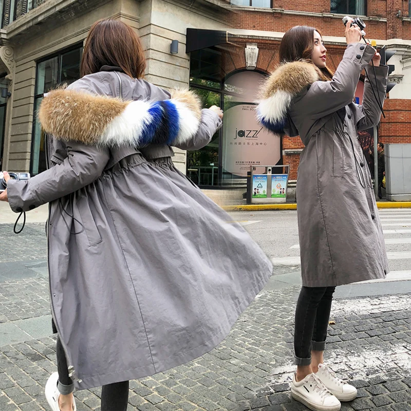 

Colorful raccoon dog fur collar thickening warm winter down coats outerwear women adjustable waist white duck down jackets