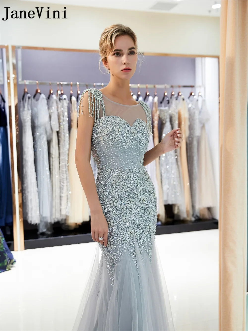 JaneVini jurk lang Gray Mermaid Prom Dresses 2019 Sparkly Crystal Beaded Long Gala Dresses with Jewelry Tulle Evening Party Gown