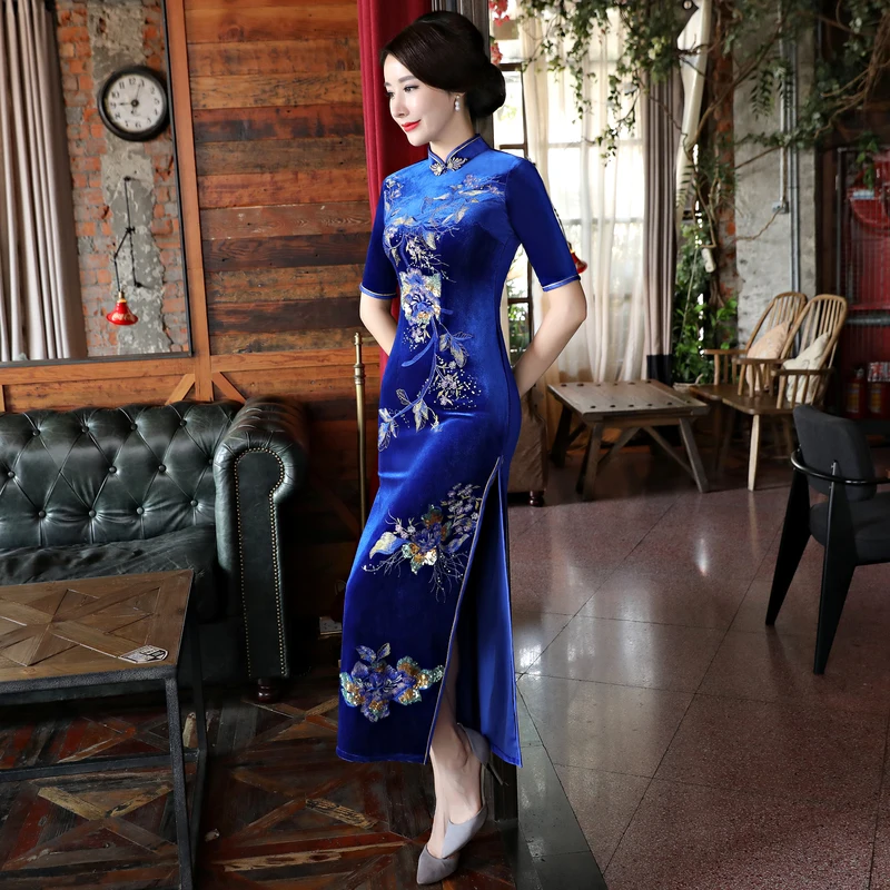 Шанхай история осень Бархат Qipao Цветочная вышивка китайское традиционное платье