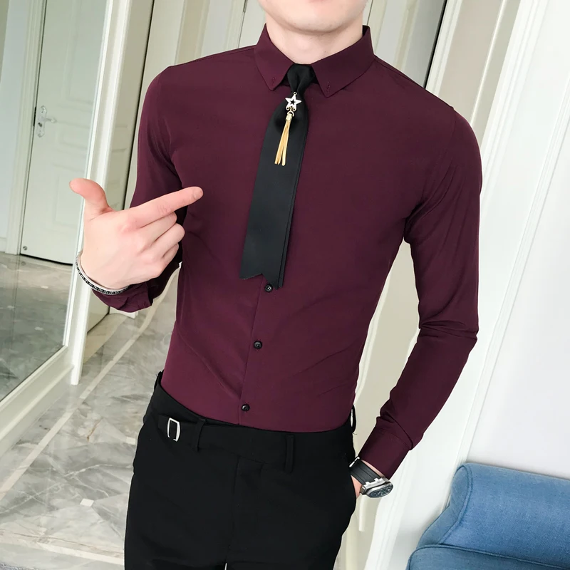 Одежда высшего качества парикмахер рубашка Для мужчин Осень Slim Fit рубашки для Для мужчин одежда с длинным рукавом сплошной Универсальные мужские рубашки