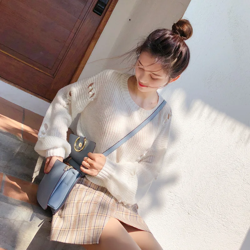 Ubei Fahion Baggy bubble sleeves broken holes beads plain color loose knitted sweater fashion pullovers | Женская одежда