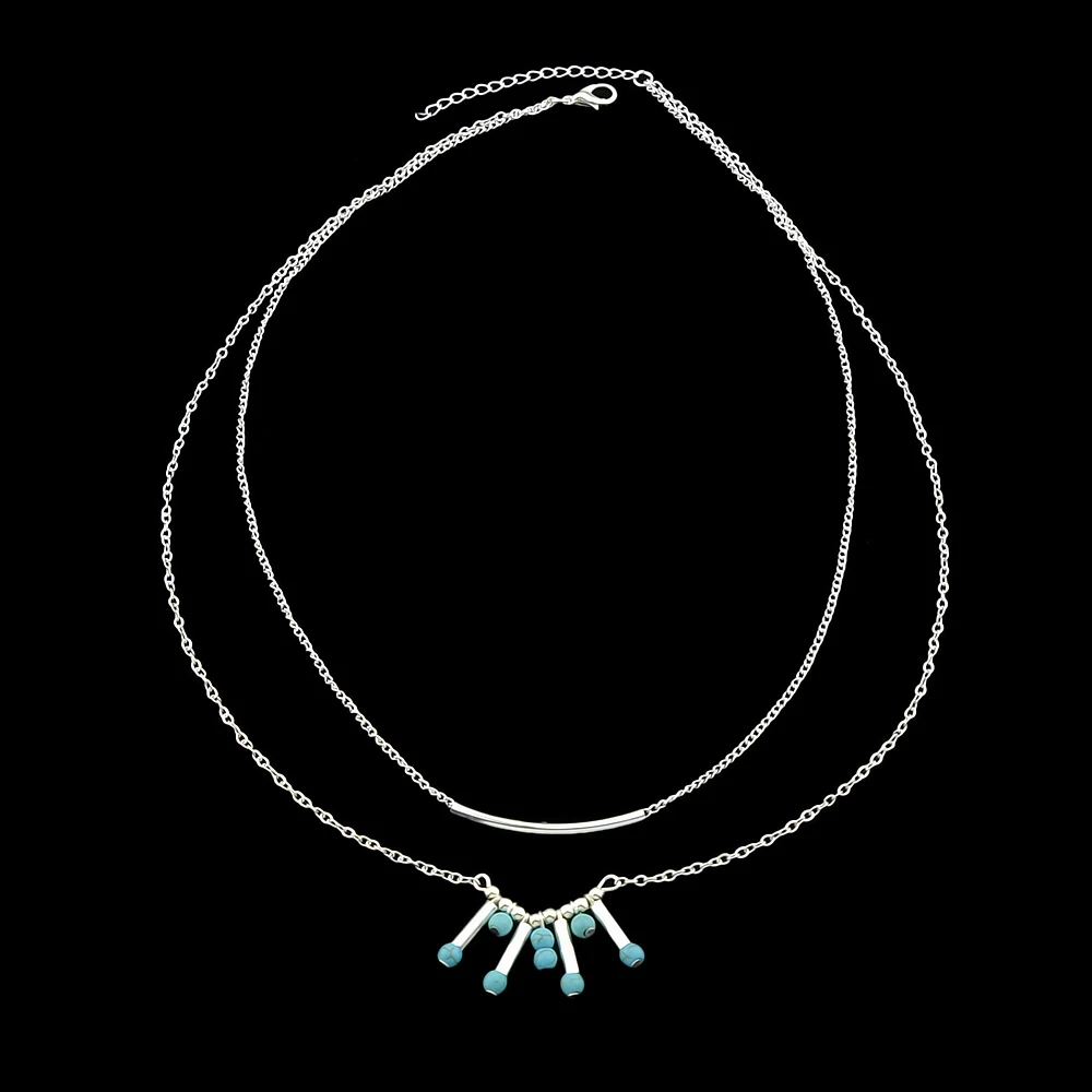 Minimalist Style Silver Gold-Color Multi Layer Chain with Blue Beads Geometric Drop Maxi Necklace For Women Jewelry | Украшения и