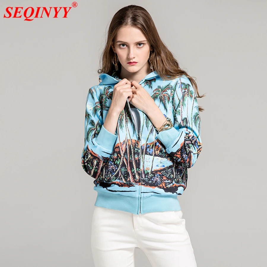 

SEQINYY Casual Jacket Women 2017 Fashion Runway New Beach Palm Tree Light Blue Loose Hooded Autumn Jacket