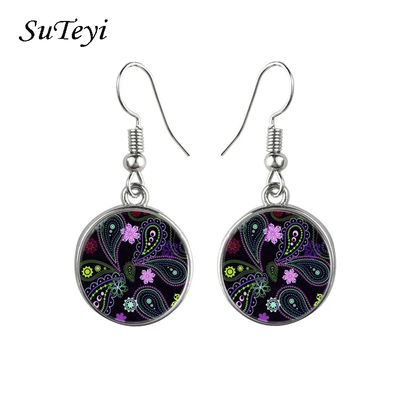 2 Новинка цветок жизни серьги Мандала хна круглая стеклянная подвеска серьги-капельки для женщин дзэн-буддизм Ретро ювелирные изделия - Окраска металла: 2