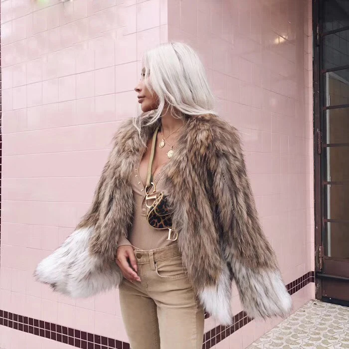 Женское вязаное пальто с длинным рукавом и натуральным мехом енота rf0219|Шубы