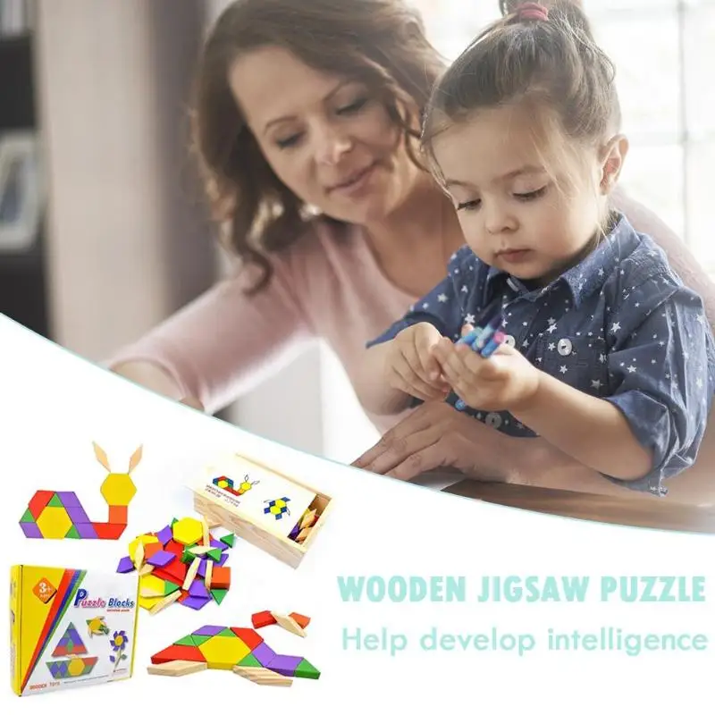 Wooden Tangram Shape Jigsaw Puzzle Box Kids Geometric Macthing Game Board with construction drawings Children Toys | Игрушки и хобби