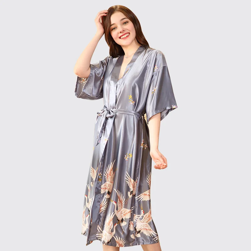 

New Style Ladies' Sexy Satin Robe Dress Gown Women Elegant Print Nightgowns Kimono Bathrobe Flower Nightdress Plus Size M-3XL