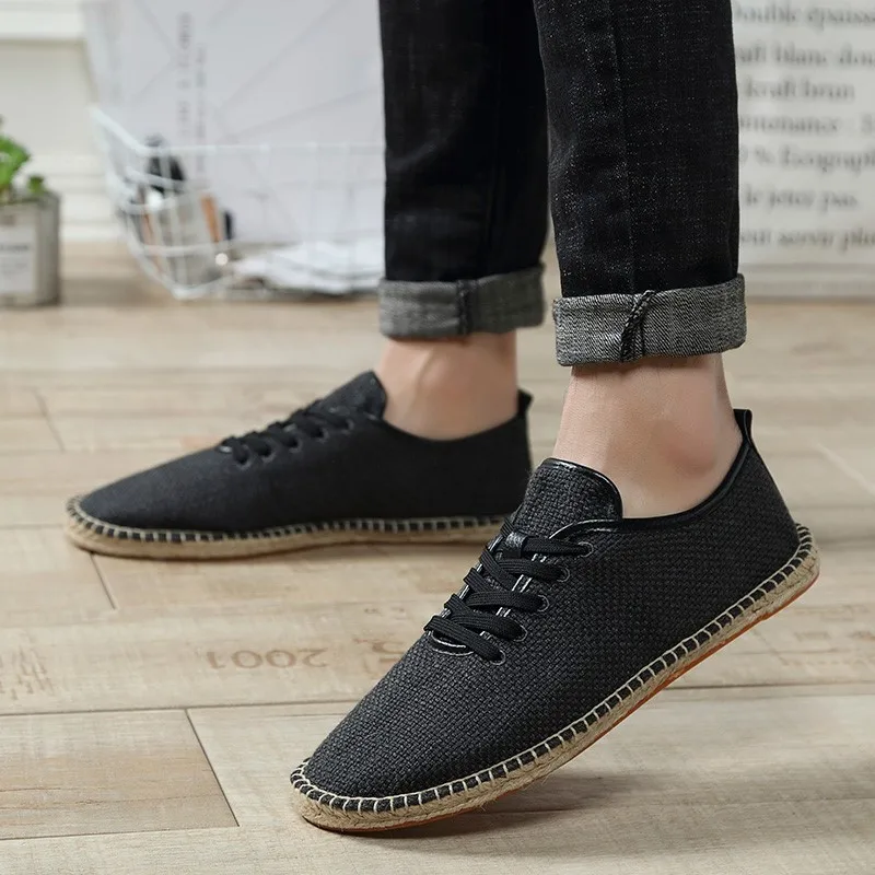 

Linen Straw Fisherman Shoes Unisex Canvas Casual Shoes Men Summer Flat Breathable Shoes Men Black/White Sneakers Espadrilles Men