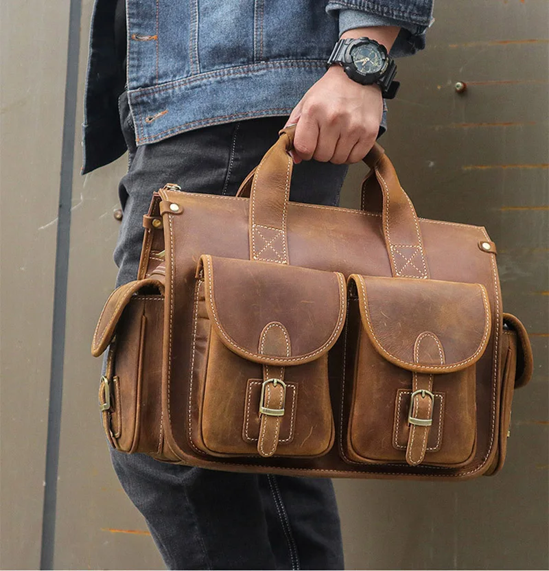 MAHEU Grade Quality Laptop Briefcase Crazy Horse Genuine Leather Laptop Bags Notebook PC Shoulder Bag For Business Man Vintage