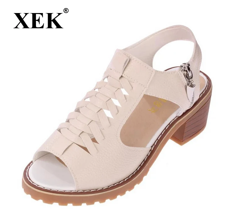 XEK Vintage Elegant Mid Square Heel Women's Sandals Summer Style Peep Toe Cross Tied Side Zip Design Shoes Woman WFQ13