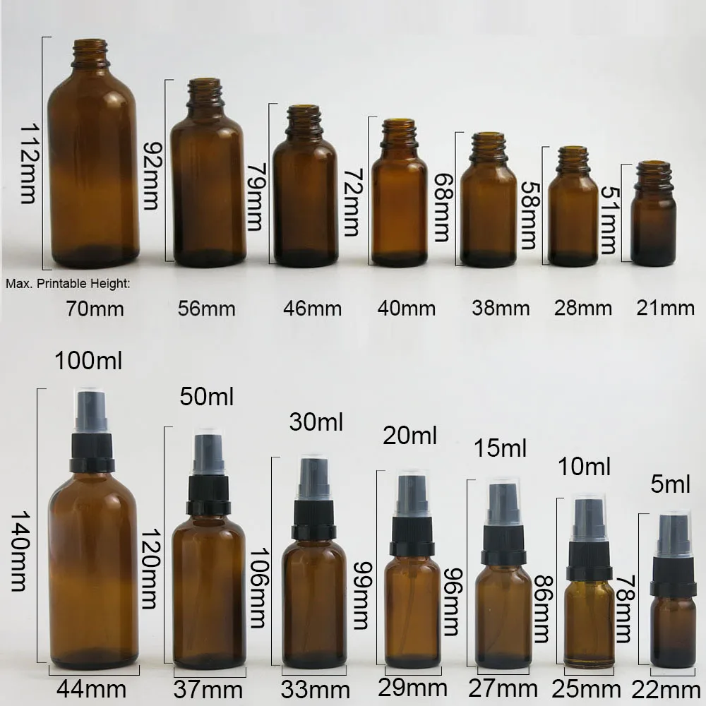 

500 x 10ml 20ml 30ml 50ml 100ml amber glass spray bottle mist sprayer brown bottle with black plastic tamper evident sprayer
