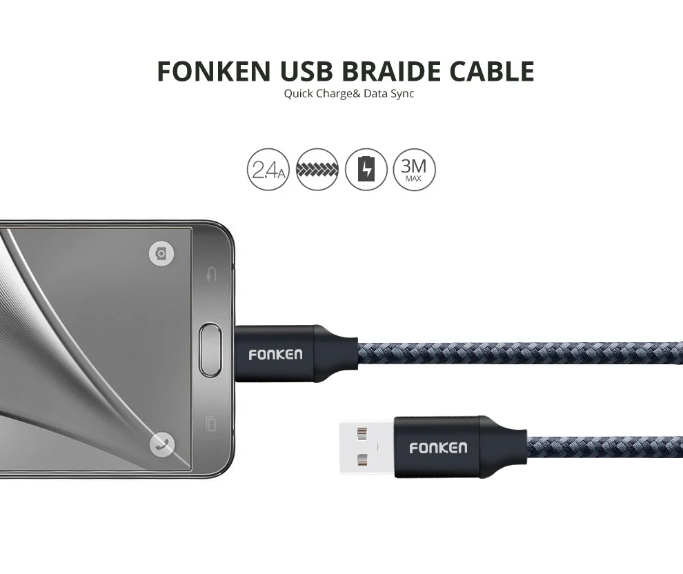3 шт. FONKEN Micro USB кабель Быстрая зарядка для телефона кабель 2128AWG QC3.0 4,0 2.4A Быстрая зарядка нейлоновый плетеный шнур для мобильных данных