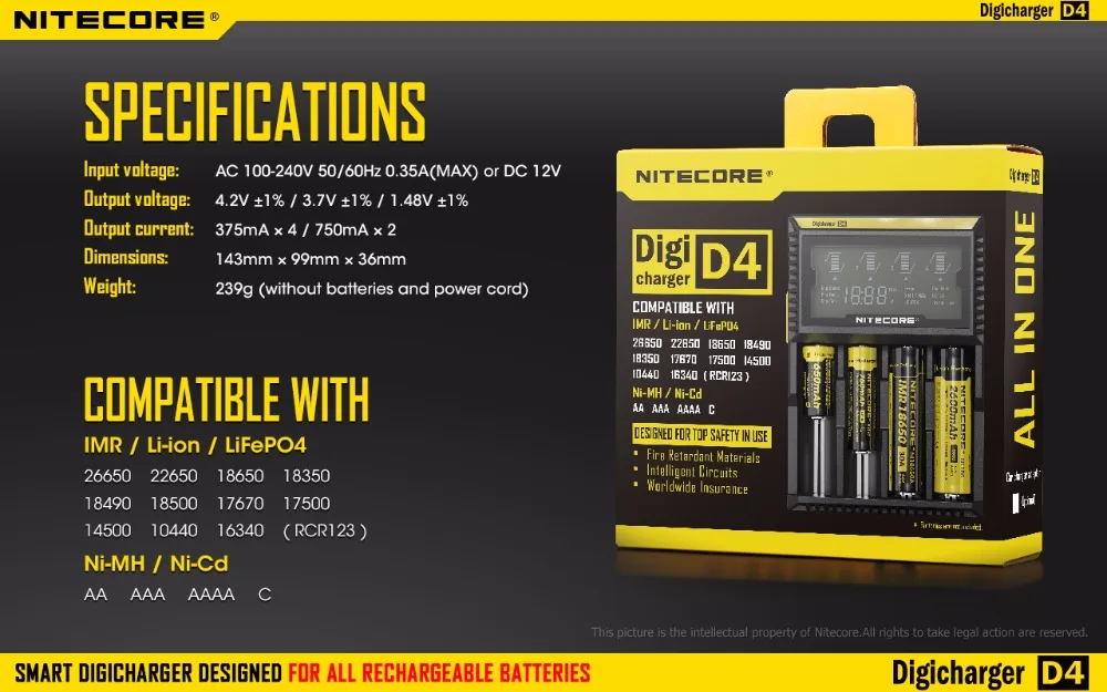 Оригинальное зарядное устройство Nitecore D4 ЖК-дисплей умная Зарядка для