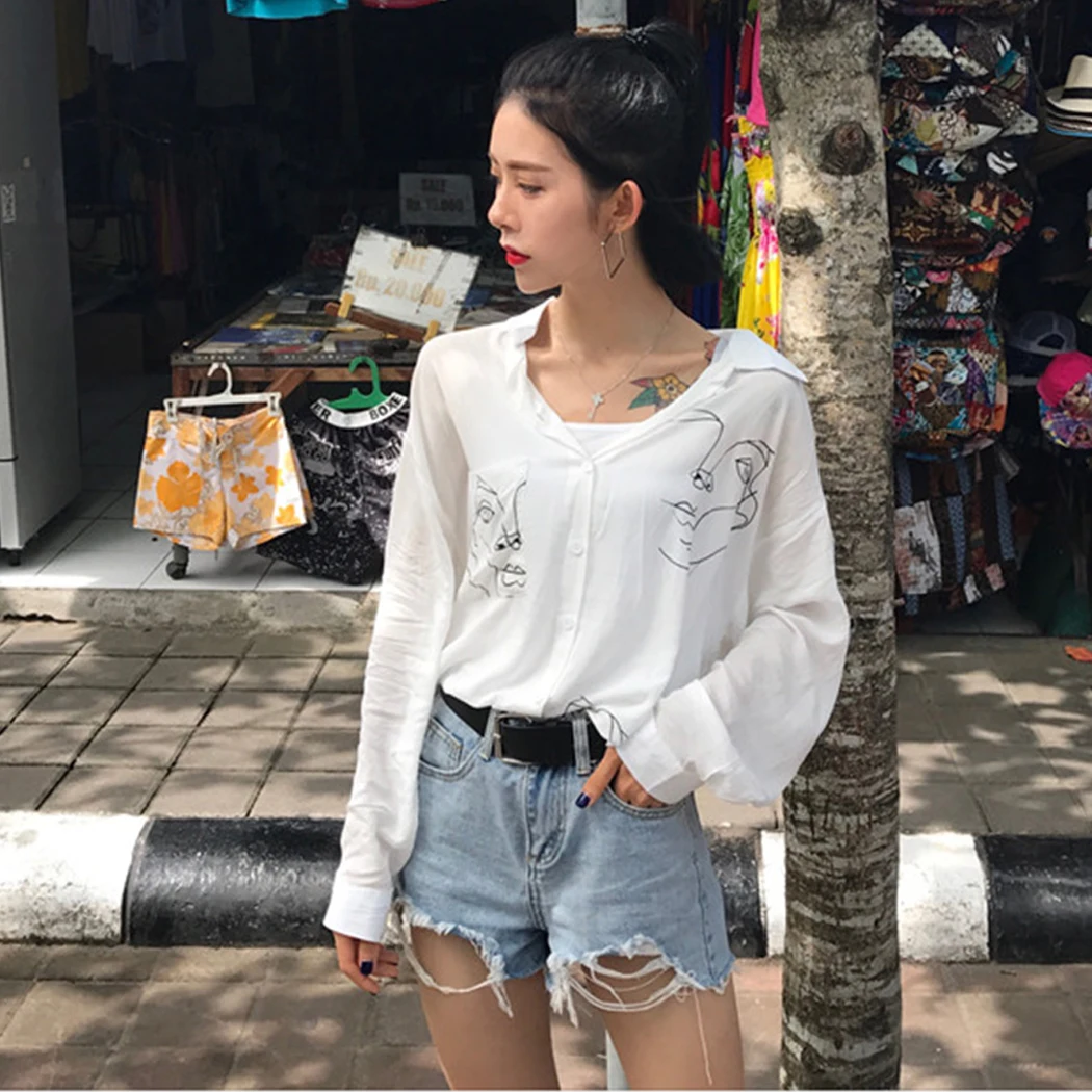 Новый Harajuku Для женщин рубашки модные блузки смешное лицо с длинными рукавами