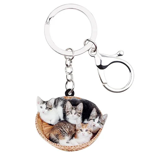 Bonsny акриловые мультфильм Корзина кошка котенок цепочка для ключей держатель брелка для ключей милые зверушки в подарок украшения для женщин обувь девочек сумка автомобиль кулон - Цвет: Multicolor