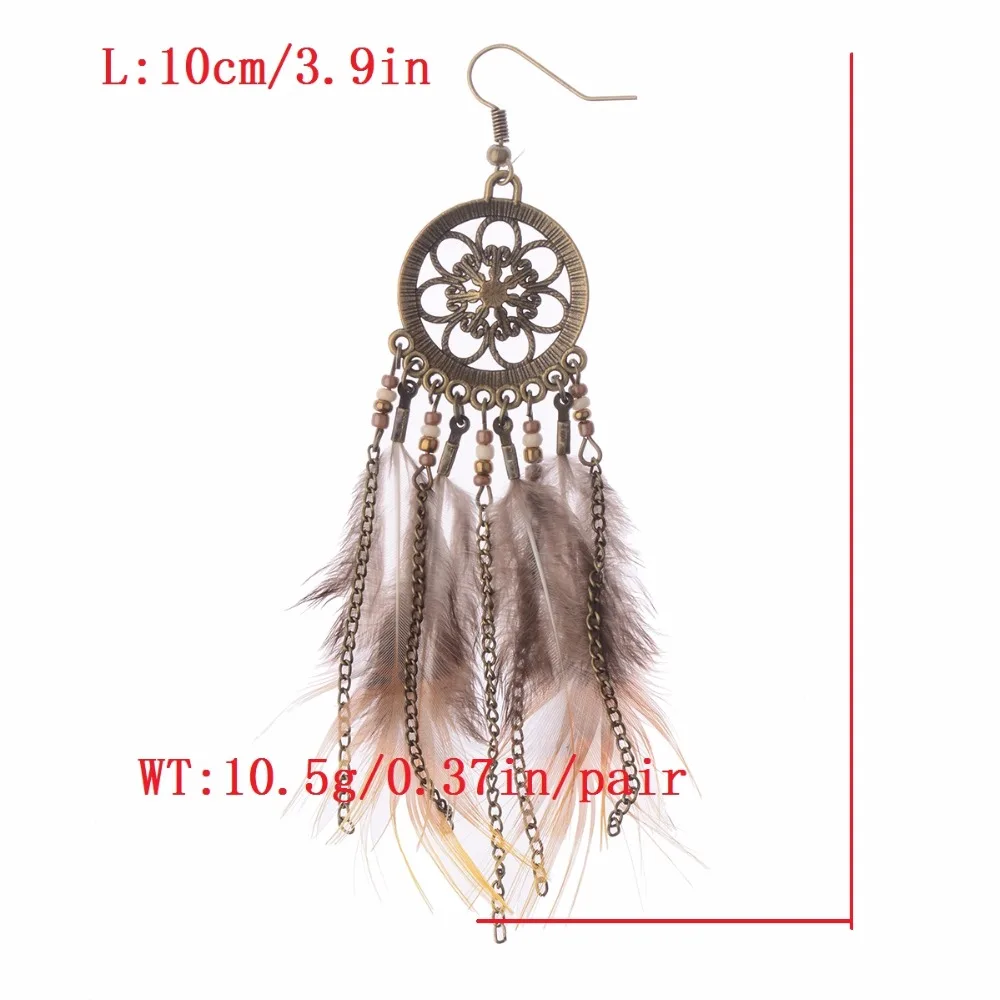 Amader Ловец снов Бронза цепь с перьями кисточки Женские Висячие серьги богемные