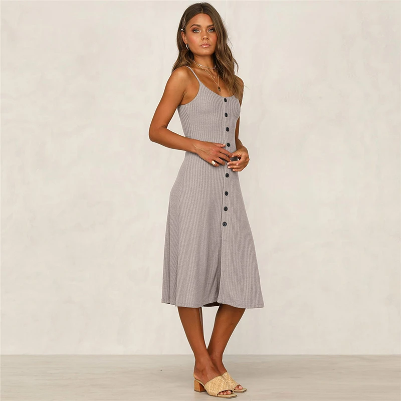 Летнее платье на тонких бретельках с кнопка для ремешка женское миди модные