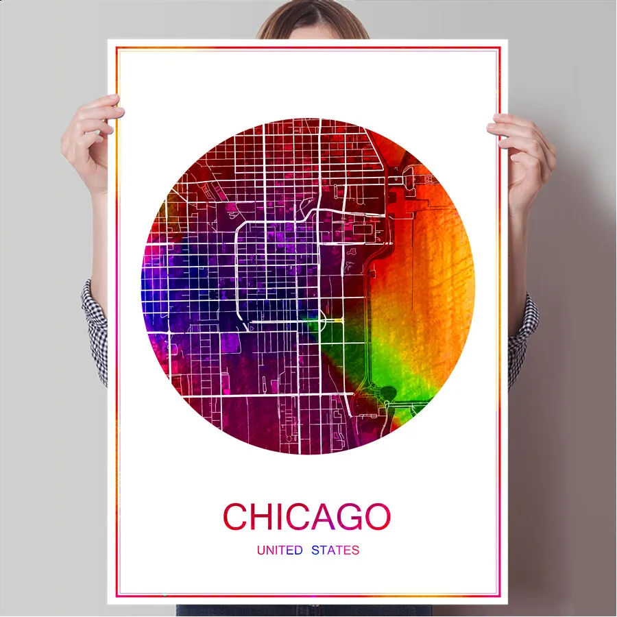 Карта всемирно известных городов CHICAGO USA печать плаката на бумаге или холсте
