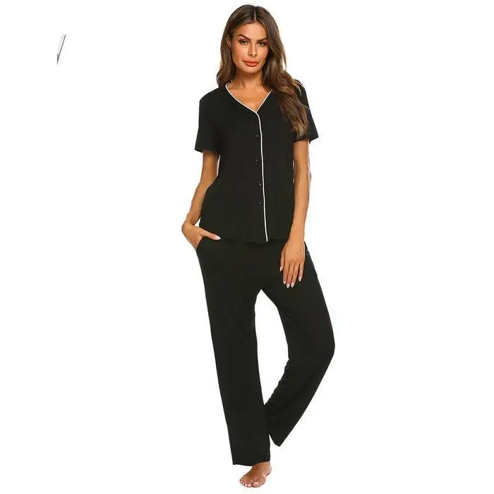 Ekouaer Женская Хлопковая пижама летняя Пижама повседневная с v-образным вырезом короткий рукав контрастный цвет пуговицы свободный пижамный комплект