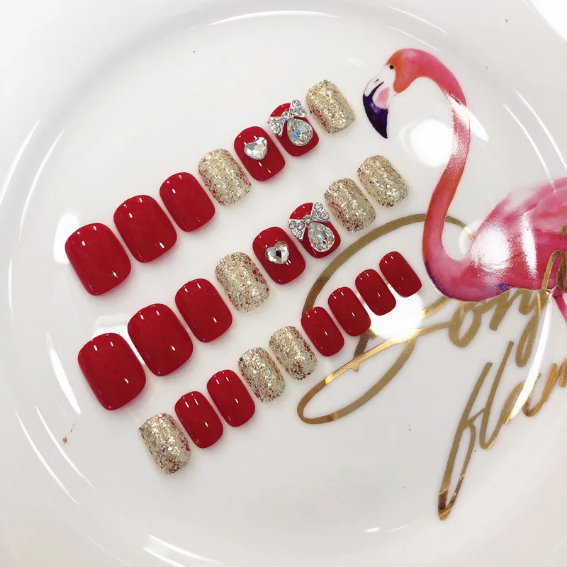Красные блестящие золотые бриллиантовые Короткие квадратные накладные ногти в