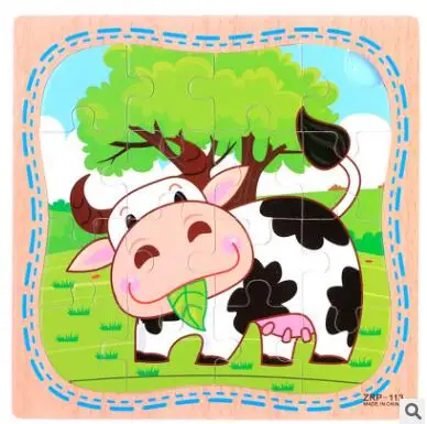 Cow Новые 16 шт деревянные Мультяшные животные Развивающие головоломки игрушки для детей - Цвет: Cow
